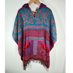 LSI‎ Hooded Poncho Bohemian Festival Hippie Blanket Cape Colorful Pocket EUC